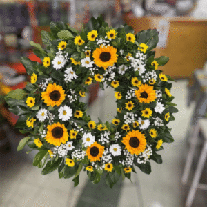 Corona floral amarilla de girasoles