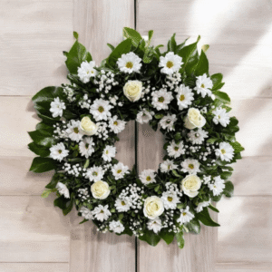 Corona floral fúnebre blanca