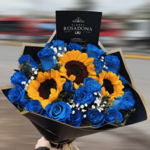 Ramo de 20 rosas azules y 3 girasoles