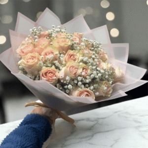 Ramo de 25 rosas rosadas con Gypsophilia
